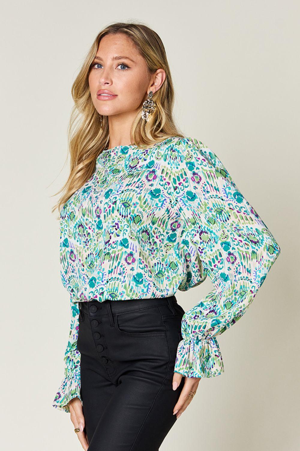 Printed Flounce Sleeve Blouse