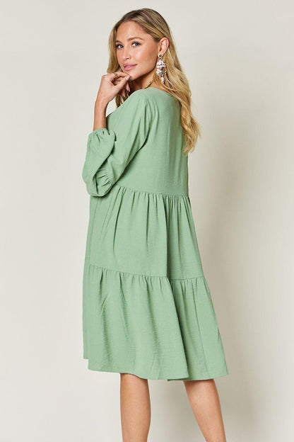 V-neck Dress with fluffy Balloon Sleeves with Pockets