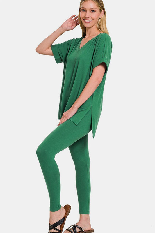 V-neck rolled short sleeve t-shirt and leggings lounge set In Forest