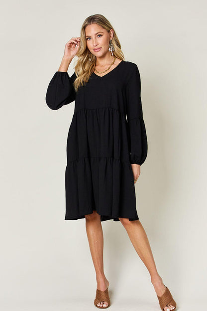 V-neck Dress with fluffy Balloon Sleeves with Pockets