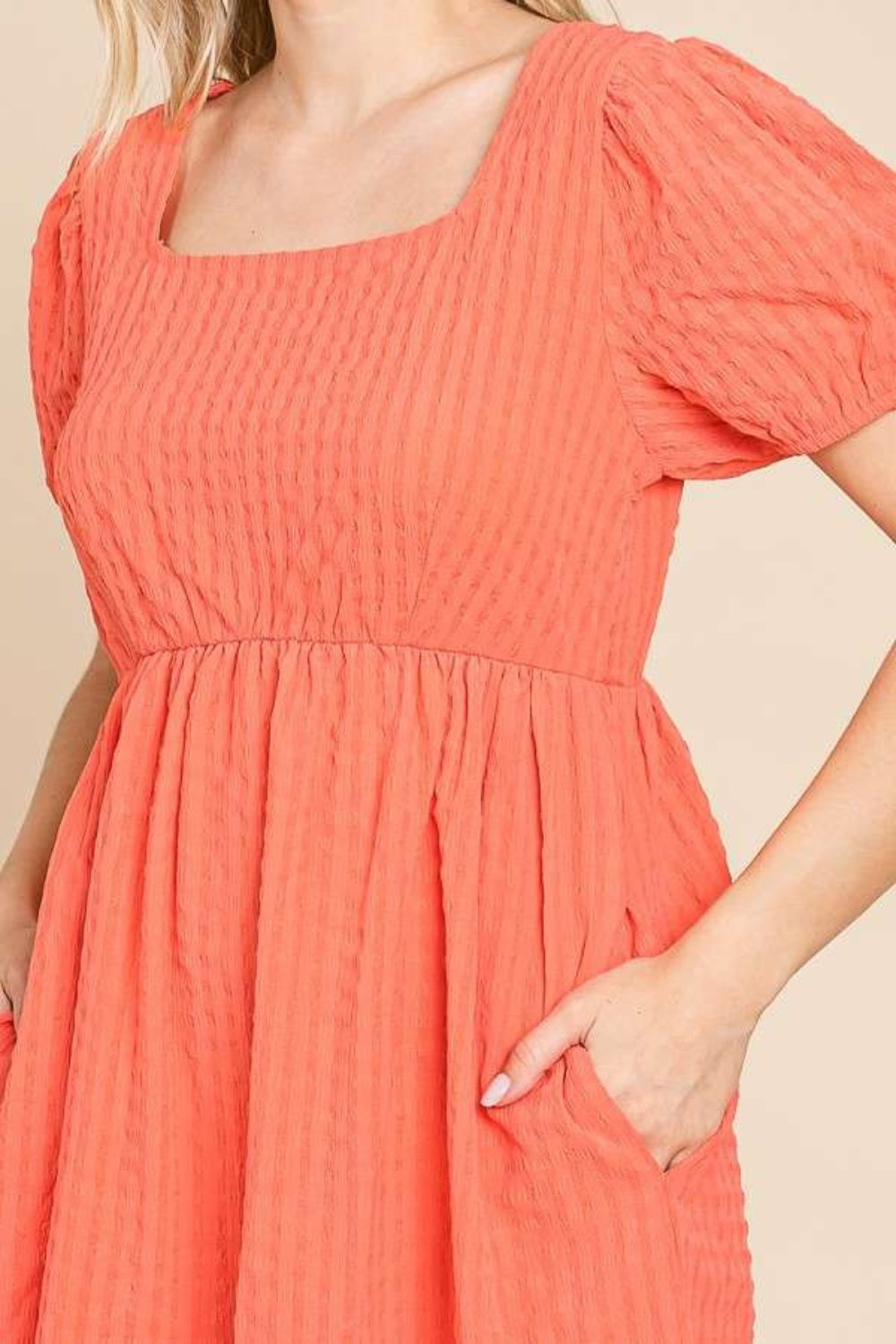 Textured Square Neck Puff Short Sleeve Dress with Pockets