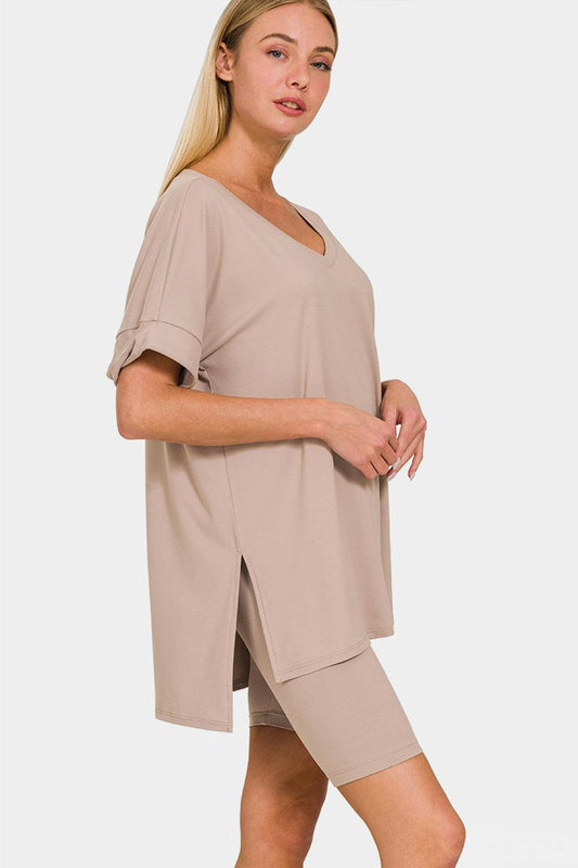 V-neck short sleeve slit tee and shorts set In Ash Mocha