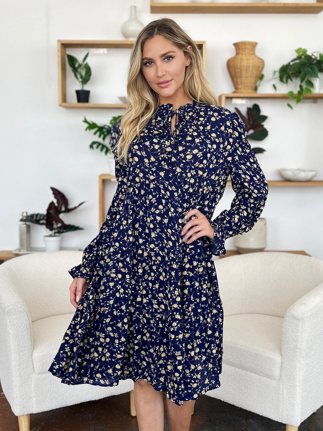 Printed Ruffle Hem Long Sleeve Tiered Dress