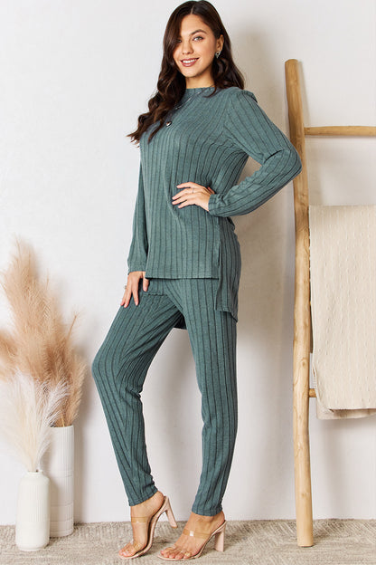 Ribbed Round Neck High-Low Slit Top and Pants Set.