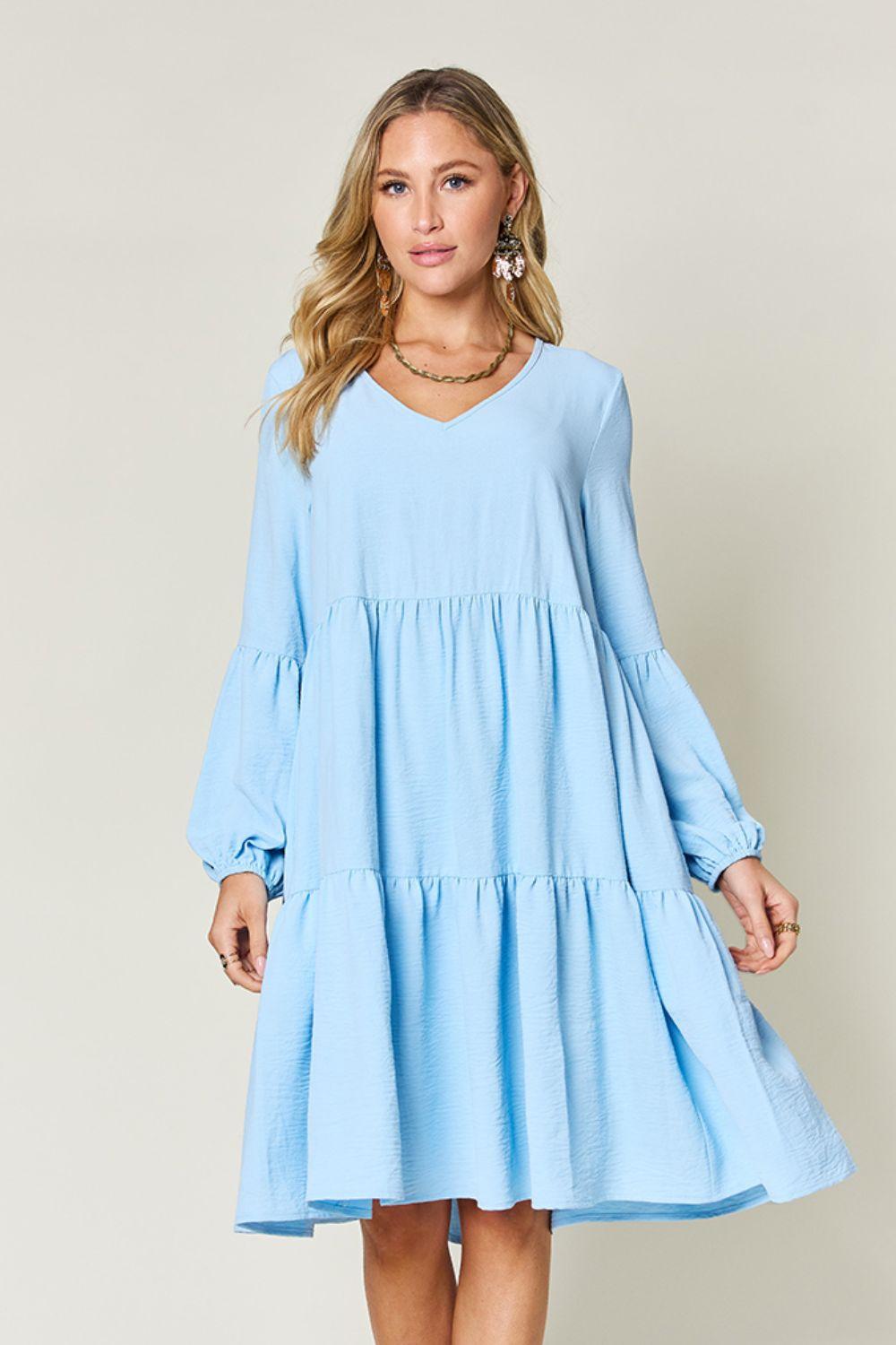 V-neck Dress with fluffy Balloon Sleeves with Pockets