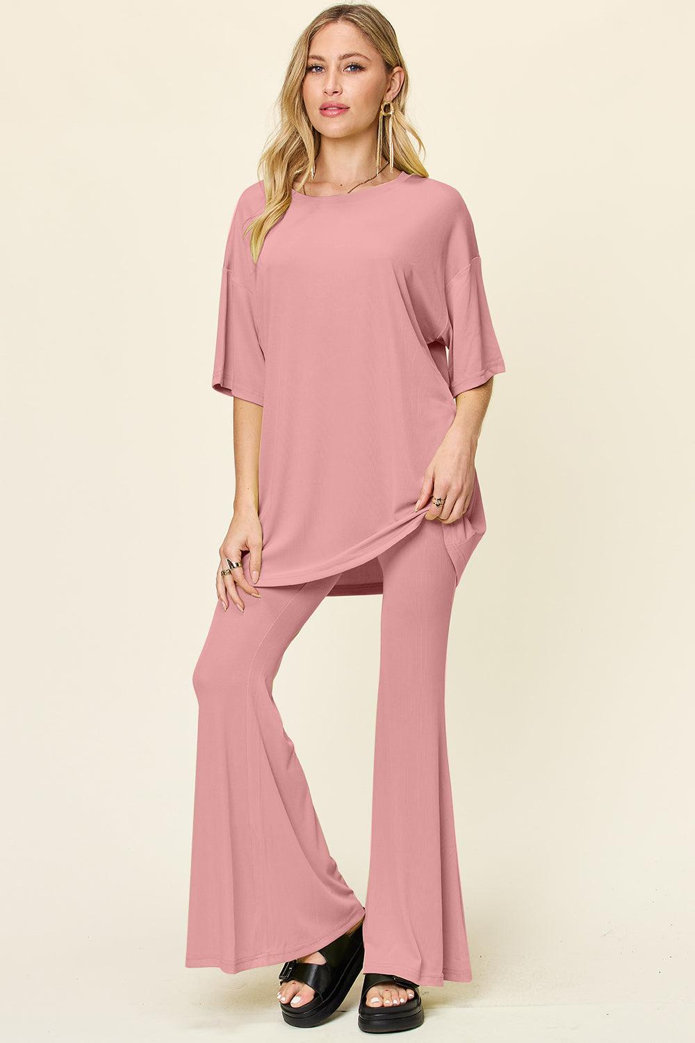 Round Neck Drop Shoulder T-Shirt and Flare Pants Set