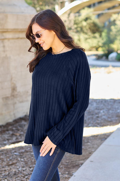 Round Neck Long Sleeve  Ribbed Knit Pullover