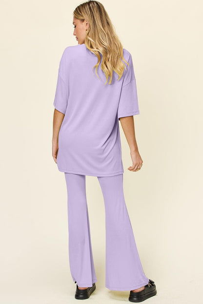 Round Neck Drop Shoulder T-Shirt and Flare Pants Set