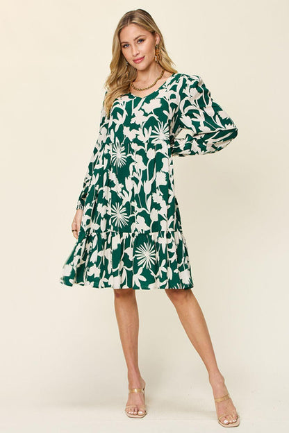 Printed Dress Long Ruffle Sleeve Dress Tiered Mini Dress with Pockets