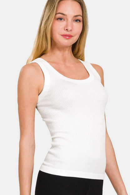 2 Way Neckline Washed Ribbed Tank In White